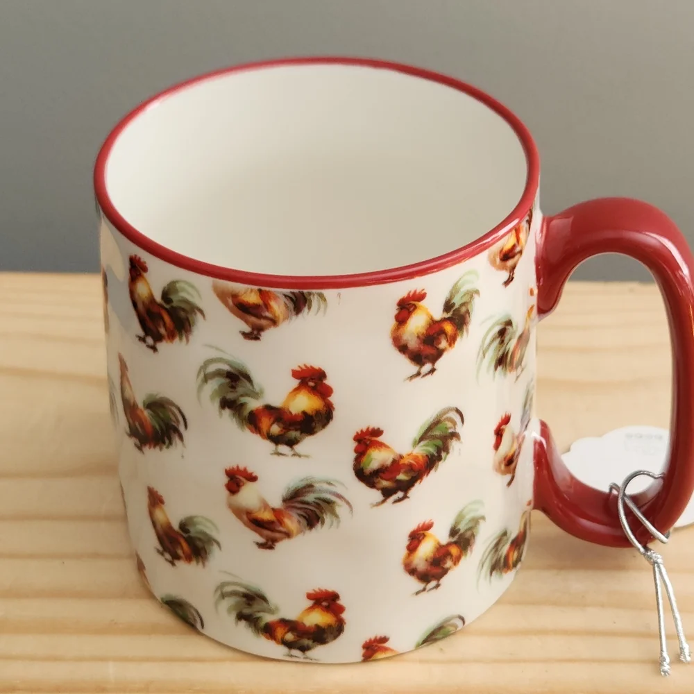 Rooster Patterned Ceramic Mug with Red Handle NWT Cottagecore, Farm, Homestead - Picture 5 of 15